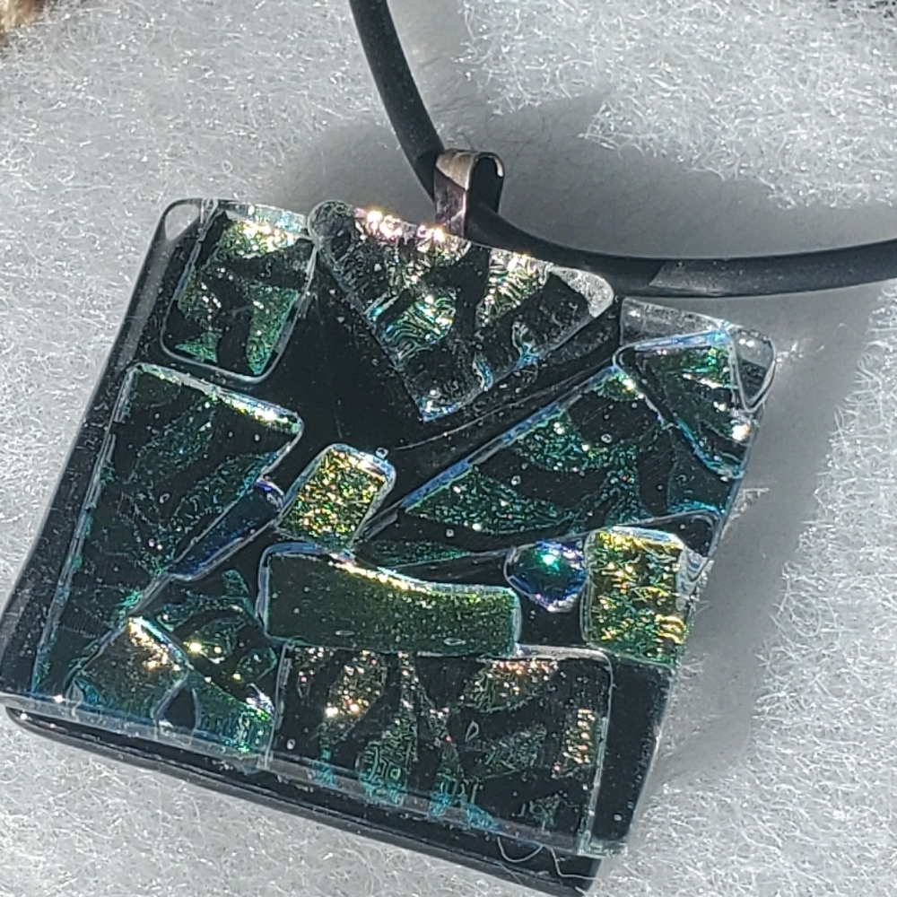 Dichroic Fused Glass Pendant, Blue, Green, Gold, 1" Pendant